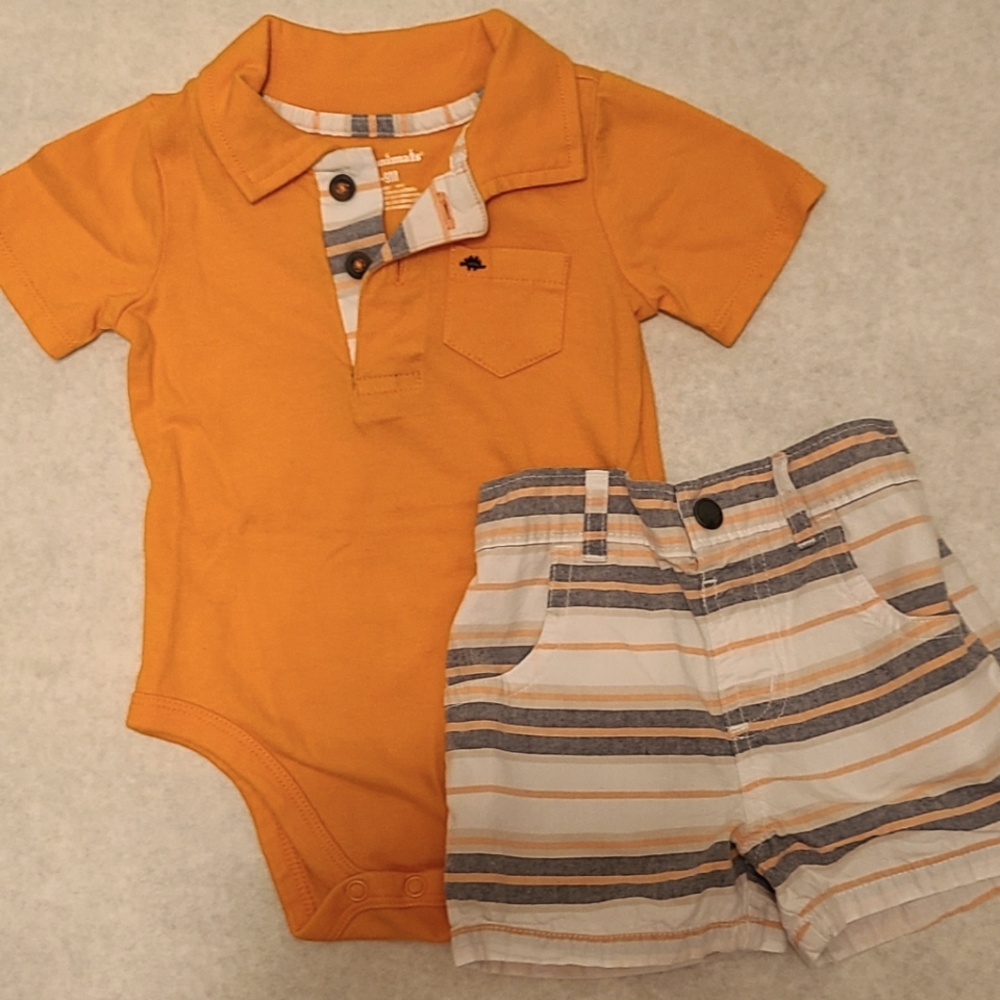 Orange short sleeved onesie/bodysuit with matching striped shorts
